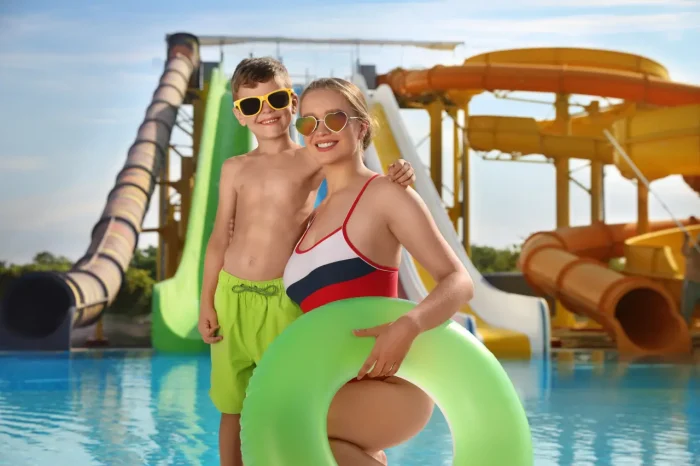 mother and son near slides in a Croatian water park
