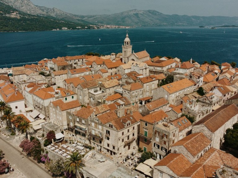 Aerial view of Korčula old town on its peninsula surrounded by sea